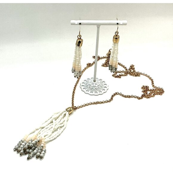Gold Tone White Beaded Tassel Long Necklace and Earrings Set - Picture 1 of 6